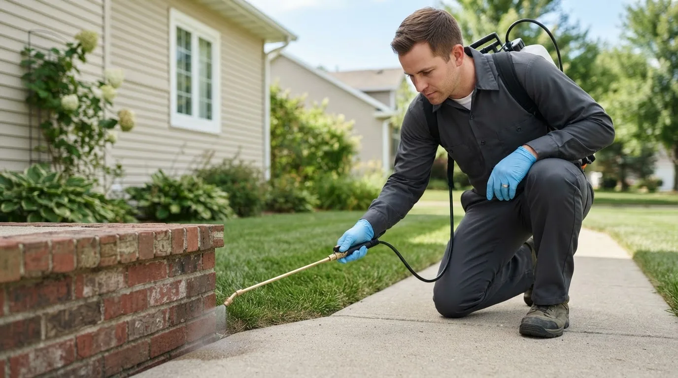 Pest control technician treating a home near Dix, NE