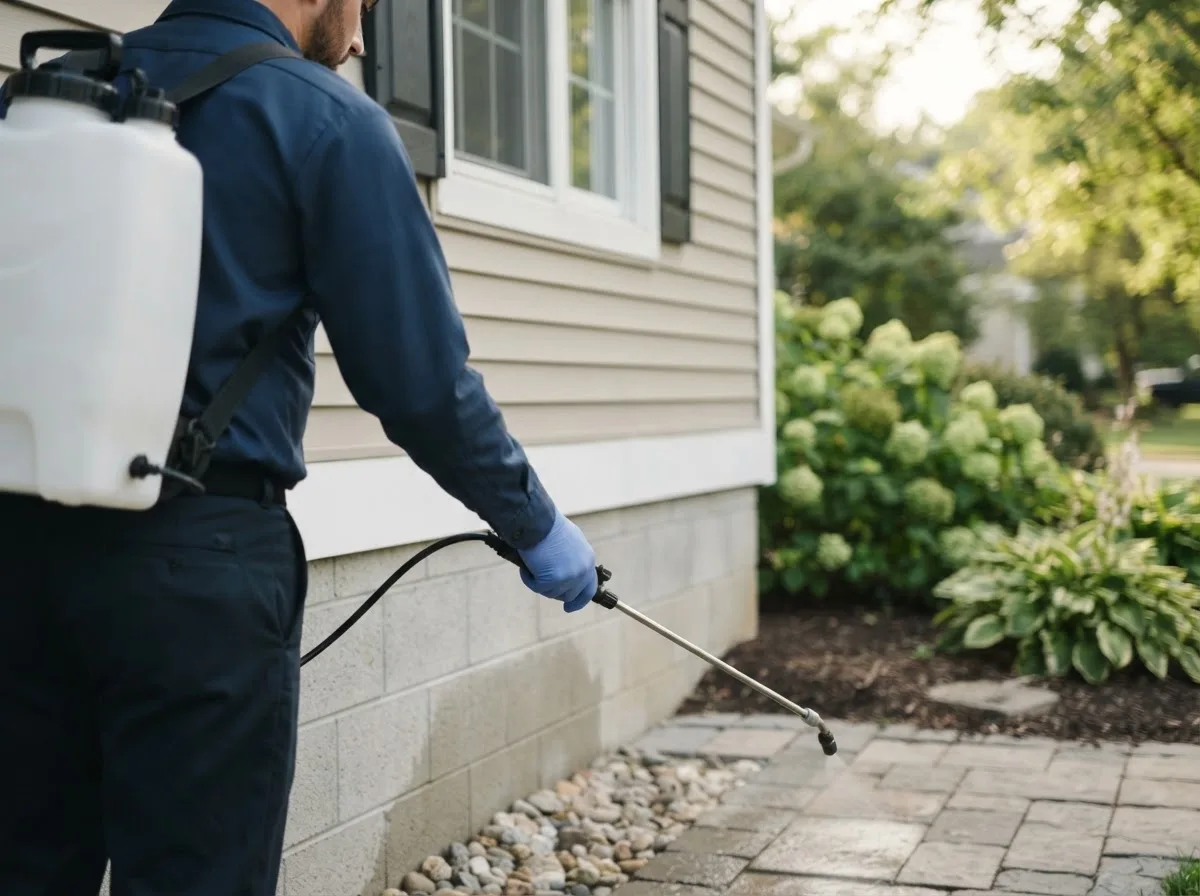 Pest control technician inspecting a home in Dix, NE